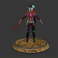 The Harpers Game Movie Character In Leather Outfit With Hat Holding Scythe Weapon On Base