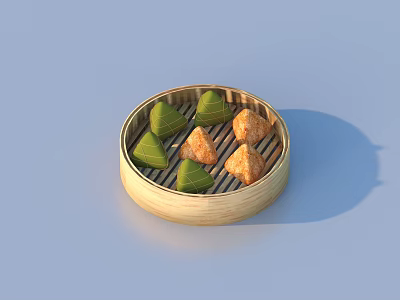 Delicious Traditional Chinese Food in Bamboo Steamer with Zongzi and Pastries 3d model