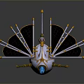 Unique Water Vehicle Design Featuring Fan Shaped Structures Honeycomb Patterns Decorative Arrows And Blue Hull
