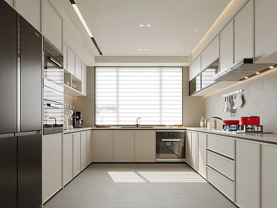 Modern Kitchen Interior With White Cabinets Black Refrigerator Dishwasher Window Blinds And Countertop Appliances 3d model