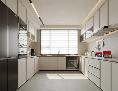 Modern Kitchen Interior With White Cabinets Black Refrigerator Dishwasher Window Blinds And Countertop Appliances 3d model