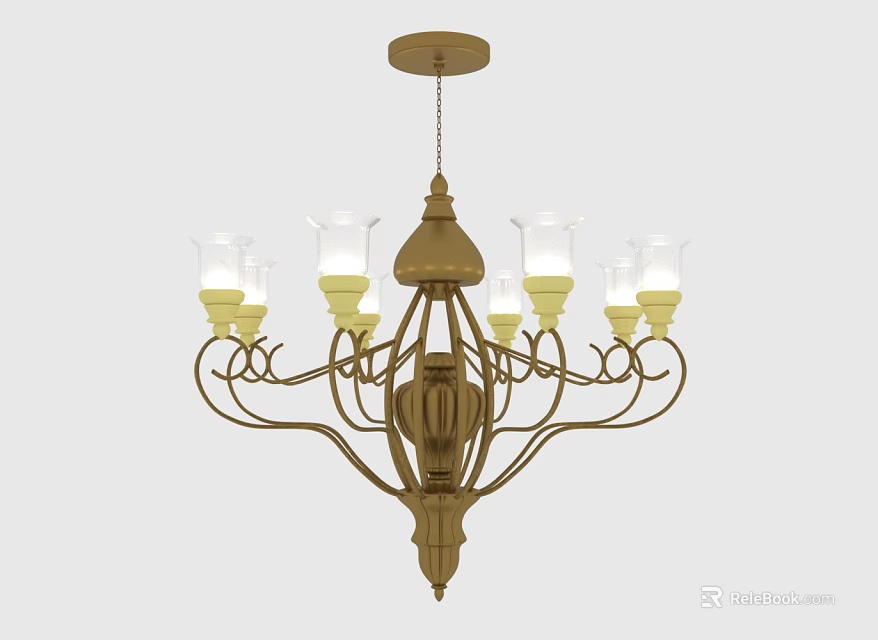 Classic Ornate Brass Chandelier With Multi Arm Design And White Glass Shades 3d model 