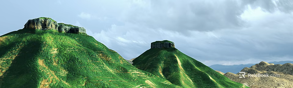Garden Landscape With Lush Green Hills Rock Formation On Hilltop And Cloudy Sky 3d model 