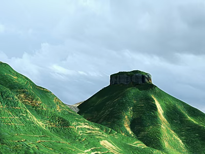 Garden Landscape With Lush Green Hills Rock Formation On Hilltop And Cloudy Sky 3d model