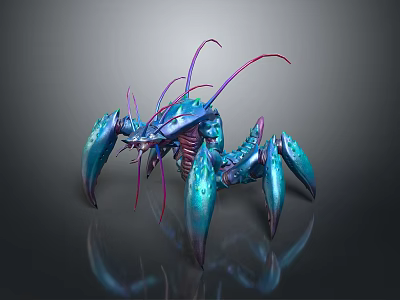 Blue 3D Sci Fi Creature Character With Purple Antennae And Mechanical Limbs 3d model
