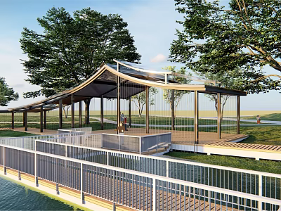 Waterfront Landscape With Covered Walkway Wooden Platform Railing And Surrounding Green Trees 3d model