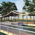 Waterfront Landscape With Covered Walkway Wooden Platform Railing And Surrounding Green Trees