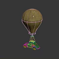 Green Car with Yellow Hot Air Balloon Suspended on Dark Reflective Surface