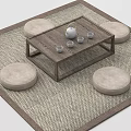 Traditional Wooden Tea Table with Round Floor Cushions on Woven Mat and Tea Set