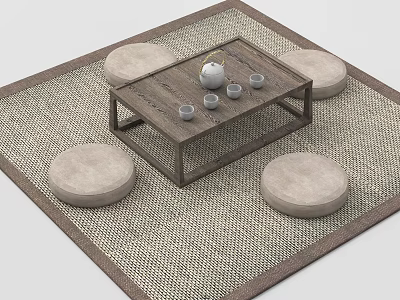Traditional Wooden Tea Table with Round Floor Cushions on Woven Mat and Tea Set 3d model
