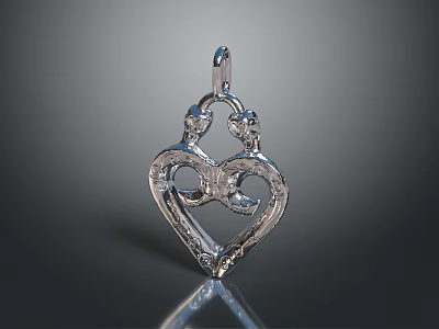 Silver Heart Shaped Pendant With Angel Figures And Intricate Craftsmanship Design 3d model