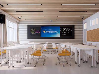 Bright School Classroom With White Tables Yellow Chairs Large Screen Blackboard And Windows 3d model