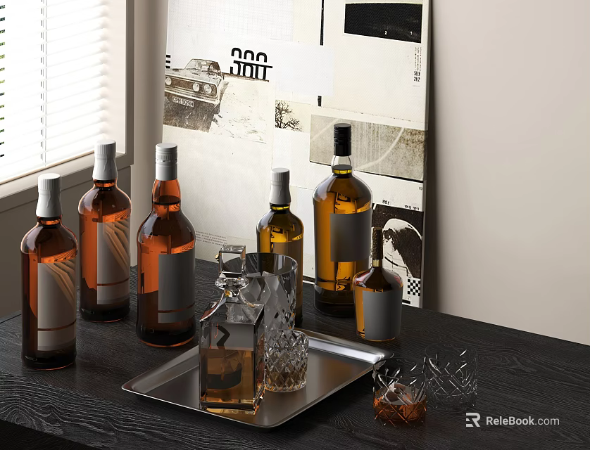 Wine Bottles and Glasses on Black Table with Various Sizes Brown and Transparent Tray Arrangement 3d model 