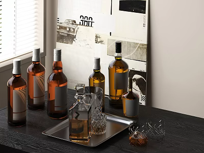 Wine Glass Wine Tray Wine Bottle Whisky 3d model