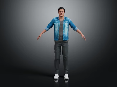 Men's Casual Clothing Set Featuring Denim Jacket Gray T shirt Gray Pants And White Shoes 3d model