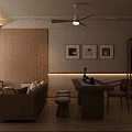 Modern Wooden Living Room Interior With Sofa Dining Table Ceiling Fan And Framed Artworks