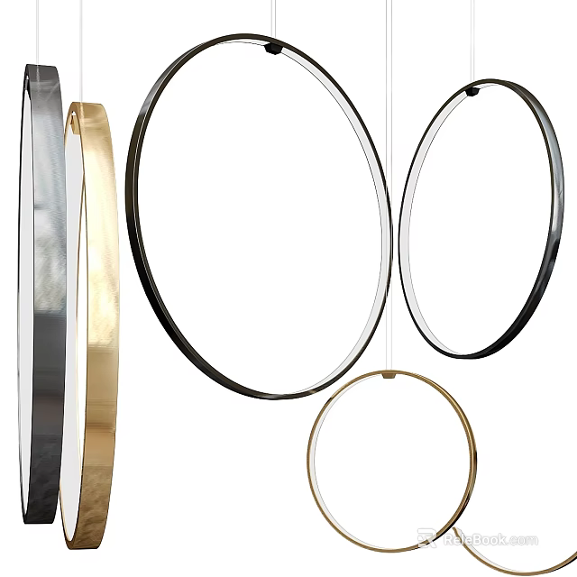 Modern Ring Shaped Chandeliers in Gold Silver and Black Metallic Frames 3d model 