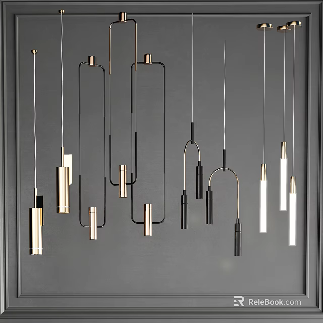 Modern Geometric Pendant Lights With Black Gold Frames And White Tubes Hanging 3d model