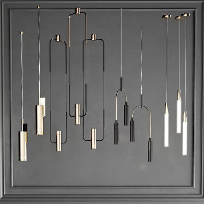 Modern Geometric Pendant Lights With Black Gold Frames And White Tubes Hanging 3d model
