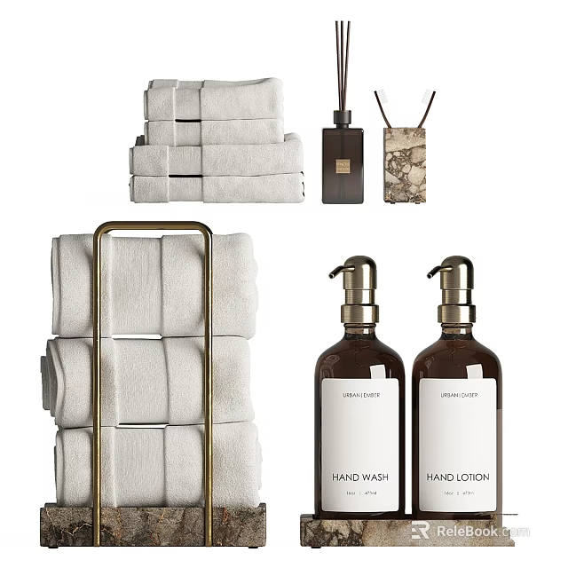 Essential Daily Washing Supplies With Soft Towels Hand Wash Lotion And Cotton Swab Holder 3d model 