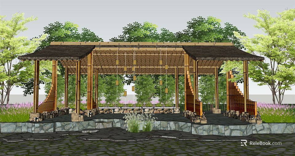 Bamboo Pavilion Garden with Surrounding Trees Stone Slab Ground and Landscape Elements 3d model 