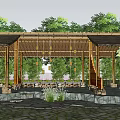 Bamboo Pavilion Garden with Surrounding Trees Stone Slab Ground and Landscape Elements