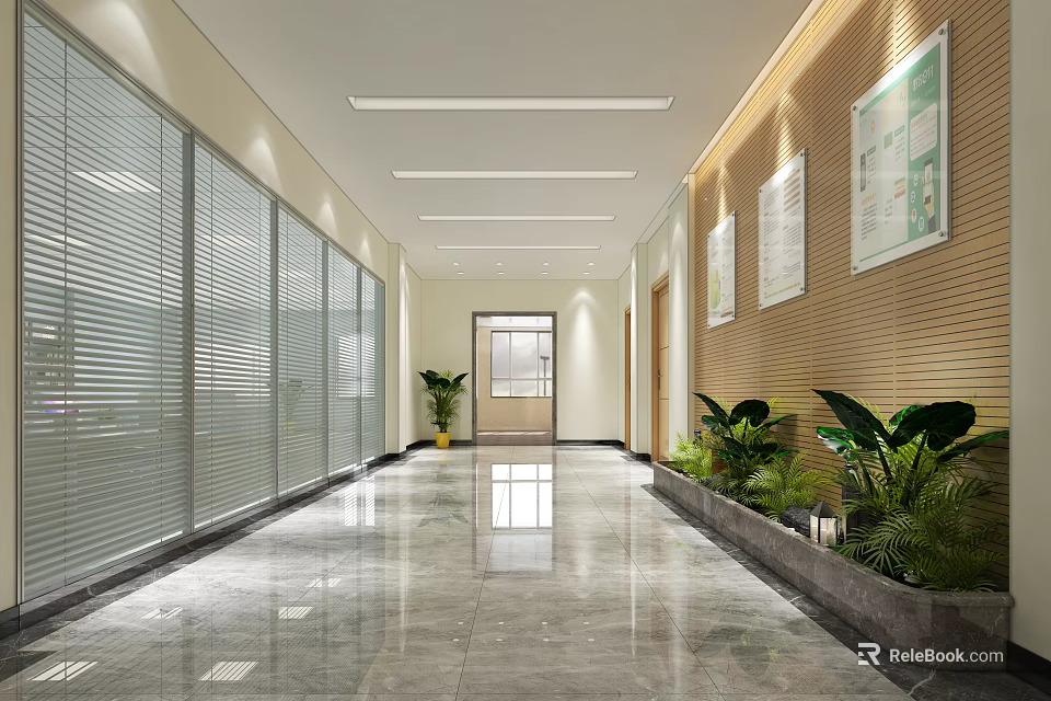 Bright Modern Office Corridor with Glass Partitions Blinds Potted Plants Wall Art and Recessed Lighting 3d model 