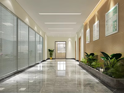 Bright Modern Office Corridor with Glass Partitions Blinds Potted Plants Wall Art and Recessed Lighting 3d model