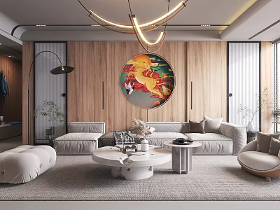 Modern Living Room Interior With Wooden Walls Circular Decorative Painting And Light Gray Sofas 3d model