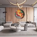 Modern Living Room Interior With Wooden Walls Circular Decorative Painting And Light Gray Sofas