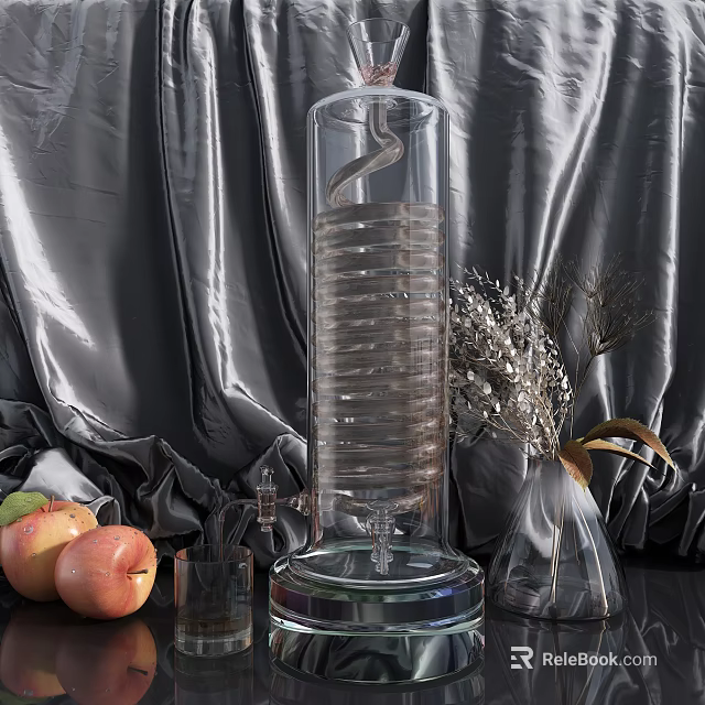 Glass Drinkware And Transparent Container With Silk Curtain Apples Dried Flowers 3d model 