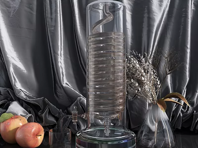 Glass Drinkware And Transparent Container With Silk Curtain Apples Dried Flowers 3d model