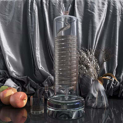 Glass Drinkware And Transparent Container With Silk Curtain Apples Dried Flowers 3d model