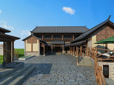 Traditional Ancient Architecture Roof Design With Slate Courtyard Wooden Columns And Green Grass 3d model