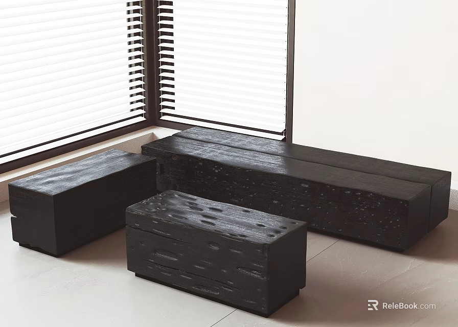 Three Black Wooden Stools with Textured Surface by Window with Blinds 3d model 