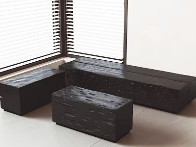 Three Black Wooden Stools with Textured Surface by Window with Blinds 3d model