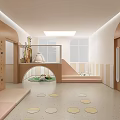 Bright Kindergarten Reception Area With Welcome Sign Colorful Bookshelves Wooden Decor And Green Plant