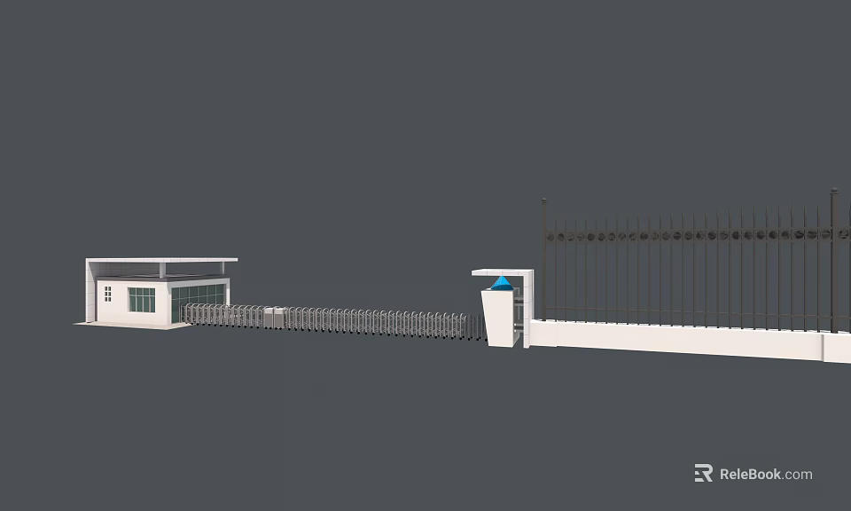 Industrial Entrance Gate With Retractable Barrier White Guardhouse And Metal Railings On Concrete Wall 3d model 