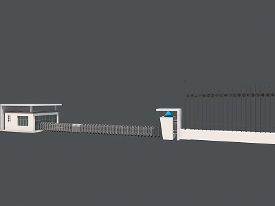 Industrial Entrance Gate With Retractable Barrier White Guardhouse And Metal Railings On Concrete Wall 3d model