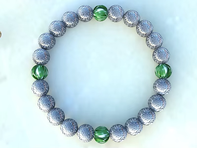 Elegant Textured Silver Beaded Bracelet With Green Transparent Beads For Jewelry Accessory 3d model