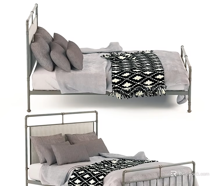 Modern Metal Frame Double Bed With Gray Sheets Pillows And Geometric Blanket 3d model 