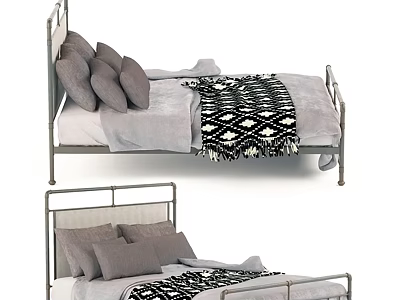 Modern Metal Frame Double Bed With Gray Sheets Pillows And Geometric Blanket 3d model