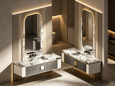 Modern Bathroom Vanity With Marble Countertop Oval Mirror And LED Lighting 3d model