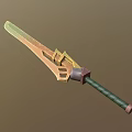 Ornate Fantasy Sword With Golden Lightning Accents Green Handle And Shiny Blade Design