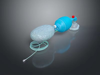 Manual Resuscitator Device With Blue Main Body White Airbag Green Tube And Mask 3d model