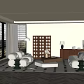 Modern Minimalist Living Room Interior With White Sofa Coffee Table And Patterned Rug