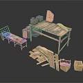 Wooden Workshop Setup With Workbench Scattered Planks Crates And Metal Frame Shelf 3d model