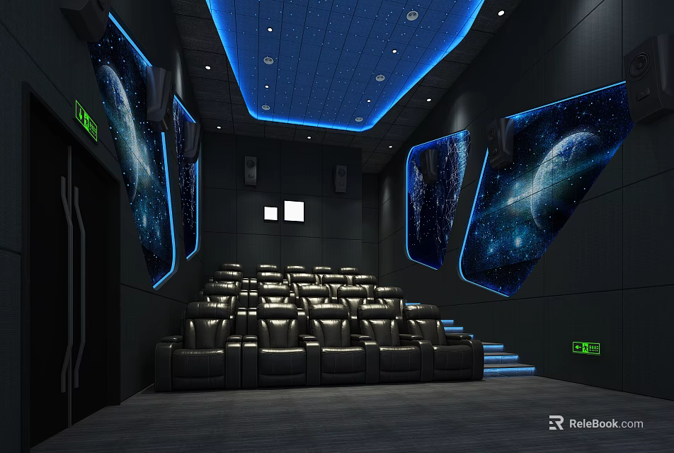 Modern Cinema Interior Design With Starry Ceiling Blue Lighting Space Murals And Leather Seats 3d model 