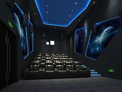 Modern Cinema Interior Design With Starry Ceiling Blue Lighting Space Murals And Leather Seats 3d model