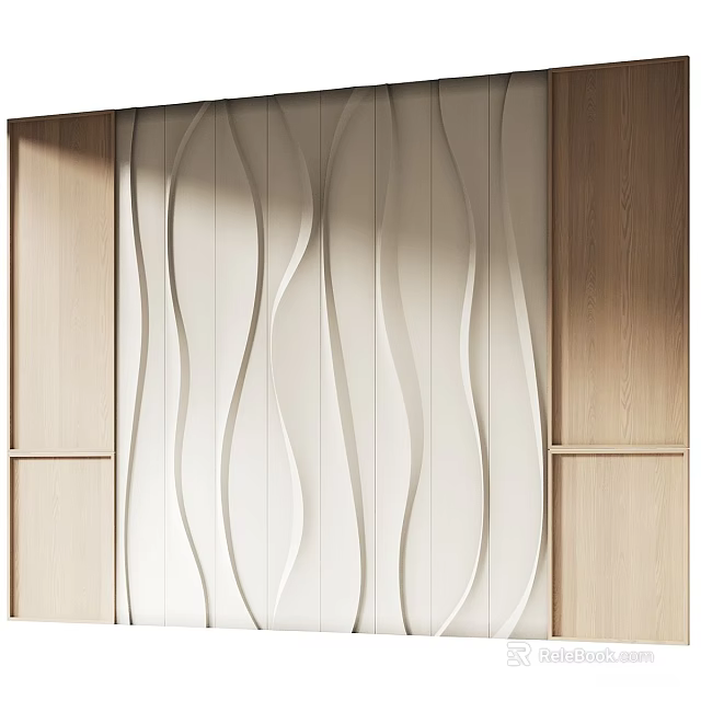 Modern Wavy Design Feature Wall With Light Colored Panels And Wooden Frames 3d model 